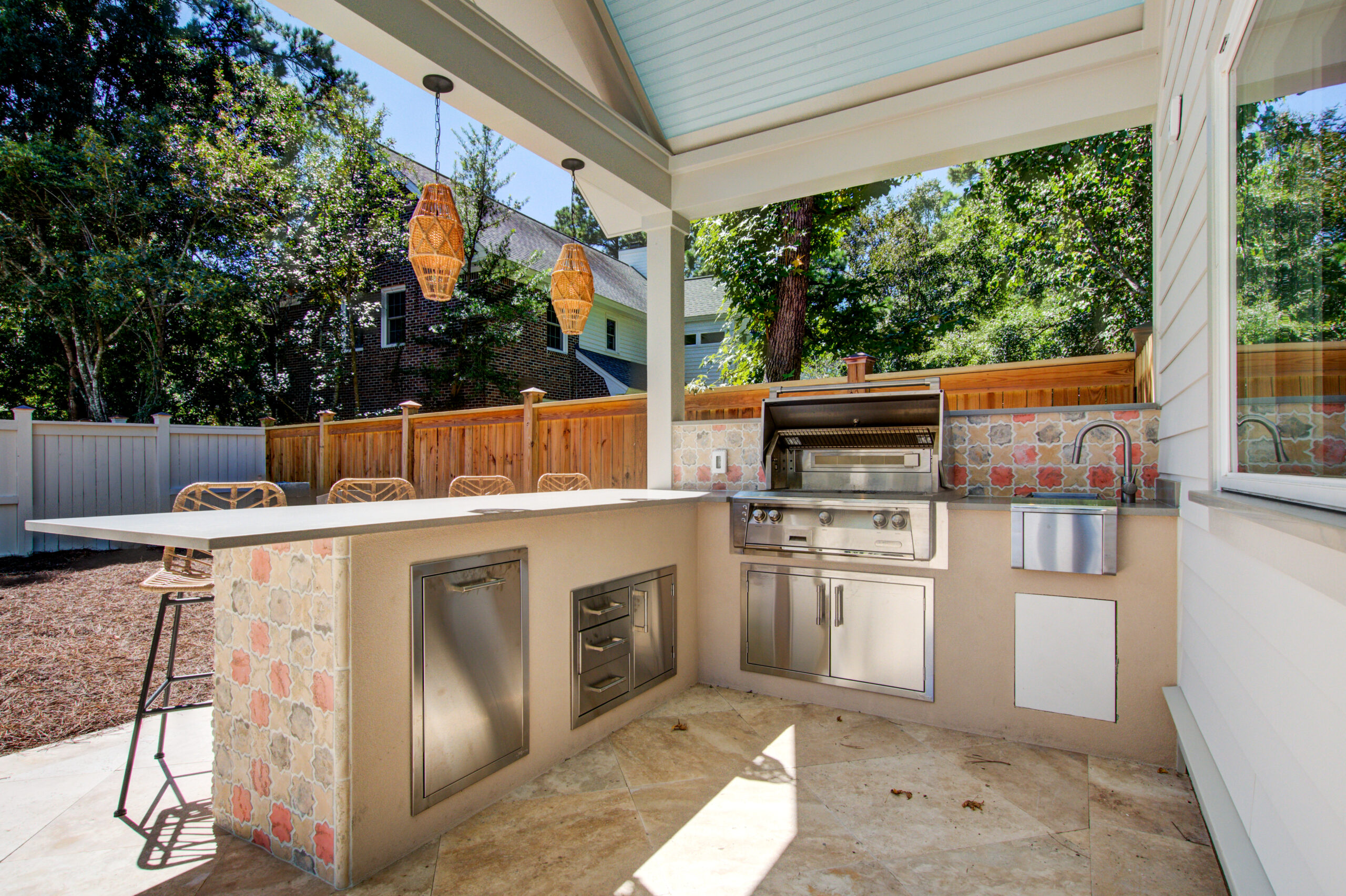 Outdoor Kitchen with Natural Stone Flooring -- Ck Contracting - Custom Renovations - Mount Pleasant, SC.