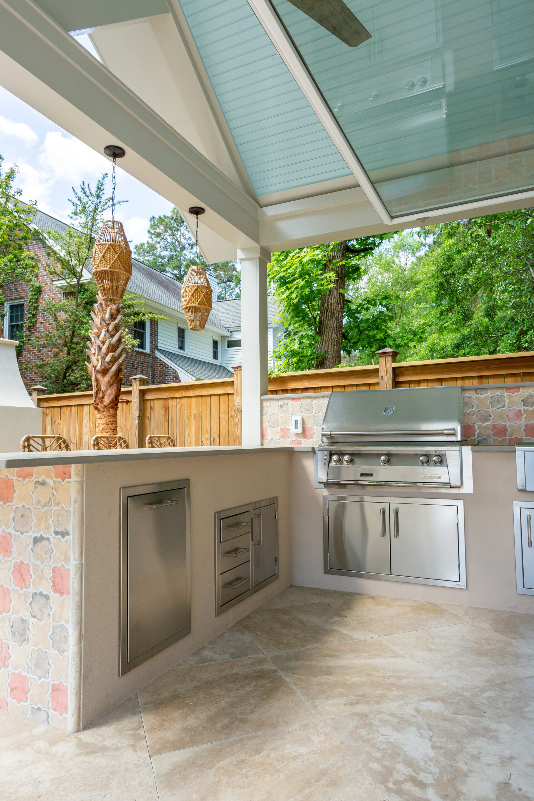 Outdoor Kitchen with Stainless Steel Grill, refrigerator & trash - CK-Contracting, Mount Pleasant, SC