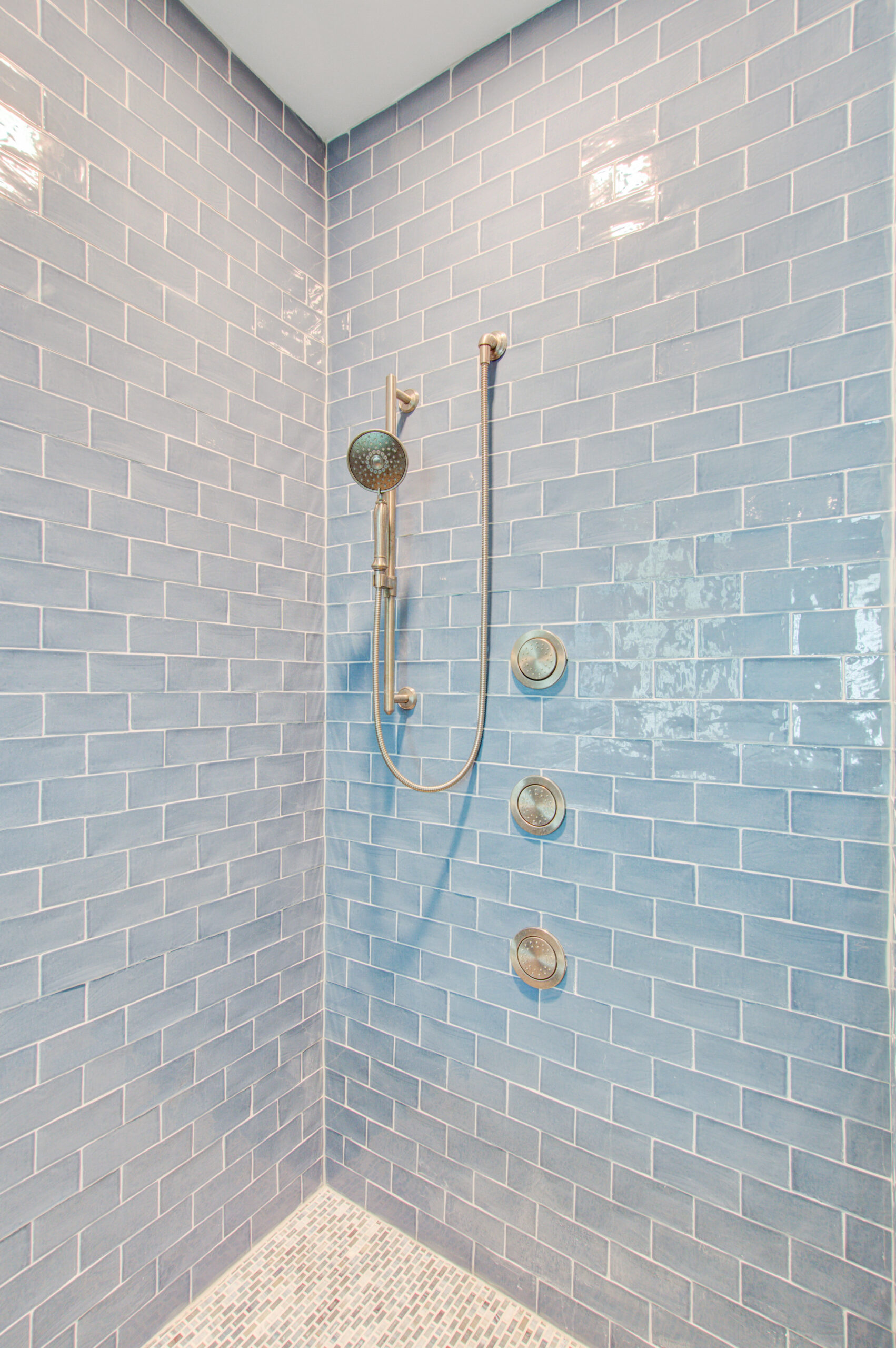 Modern Bathroom Shower with Blue Subway Title -- CK Contracting - Custom Home Renovations - Mount Pleasant, SC.